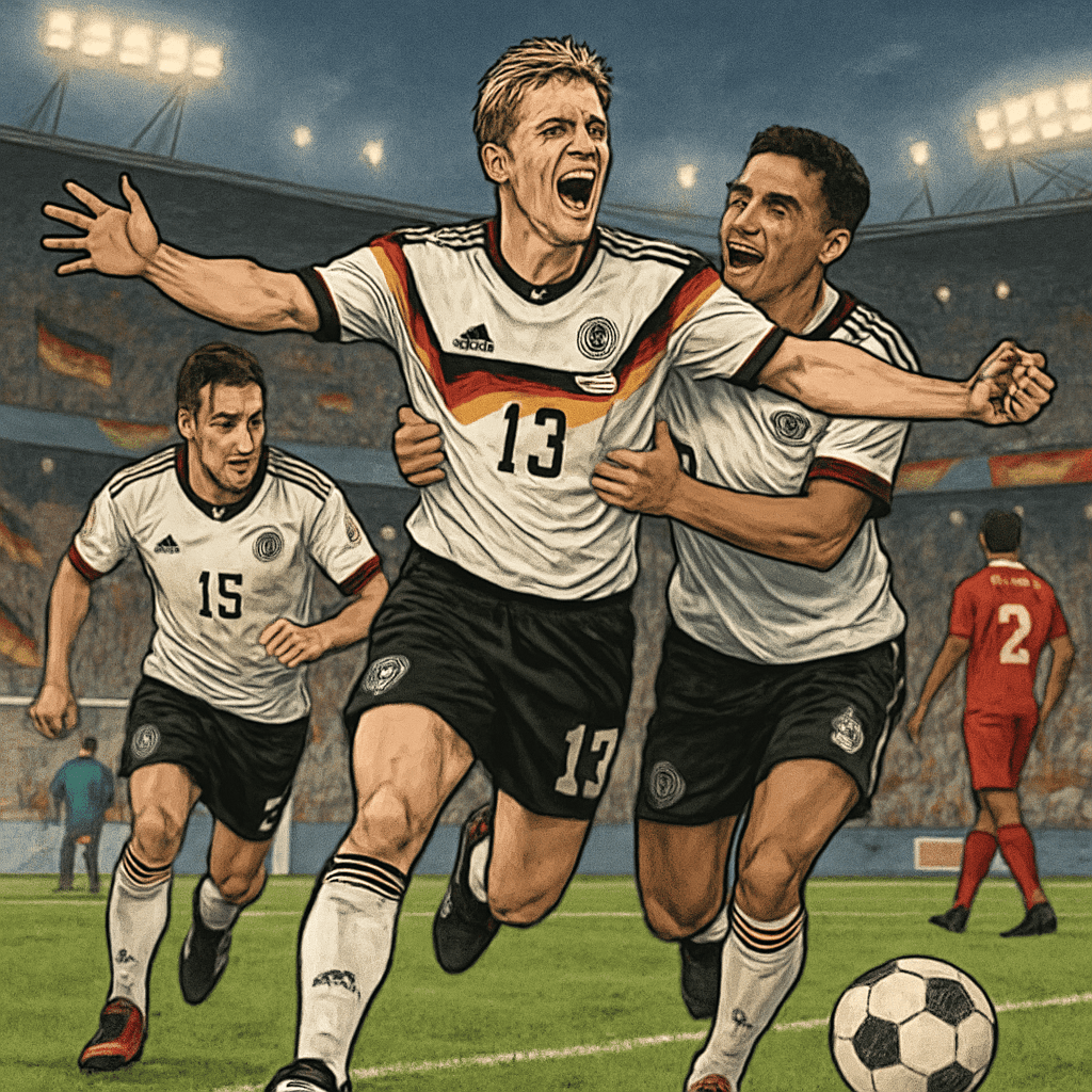 A vibrant soccer scene in a packed stadium, featuring players in Germany's 1990-inspired white kit with black and red accents, celebrating a goal. The atmosphere is electric, with fans waving flags an