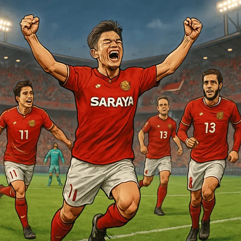 A jubilant scene at the stadium as Kazuyoshi Miura, wearing Fukushima United's red and white kit, celebrates scoring a goal, surrounded by teammates. The crowd is cheering passionately, with banners w