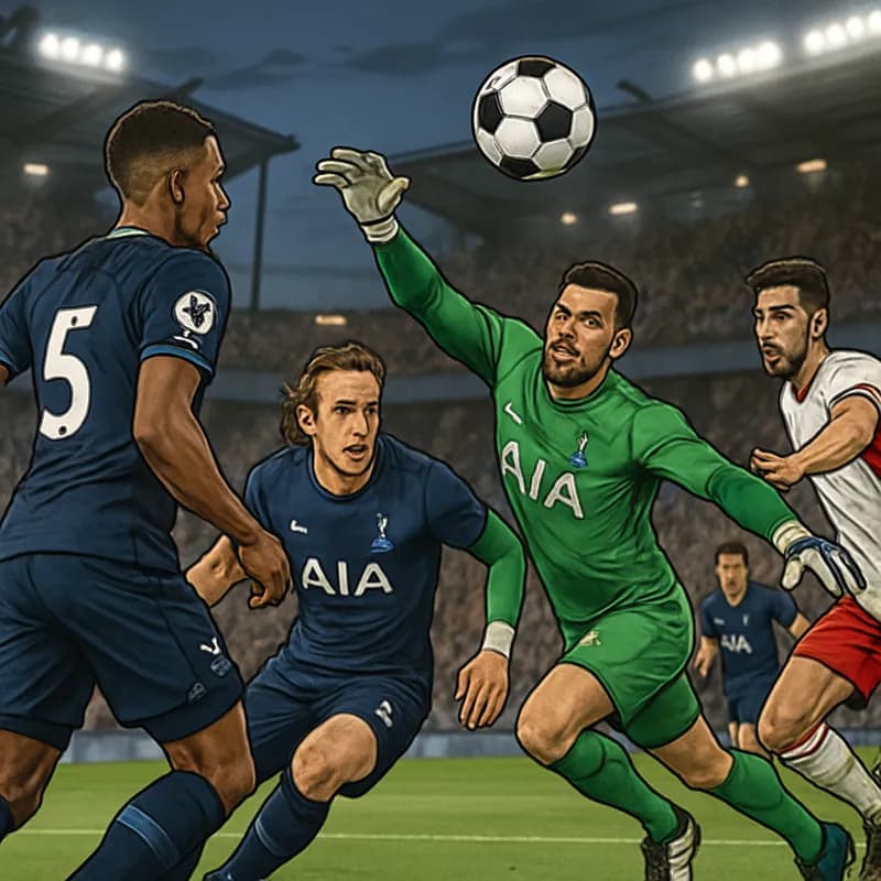 A tense moment during a Premier League match, featuring Tottenham Hotspur in their navy blue jerseys, with a goalkeeper making a spectacular diving save. The stadium is filled with passionate fans, sh
