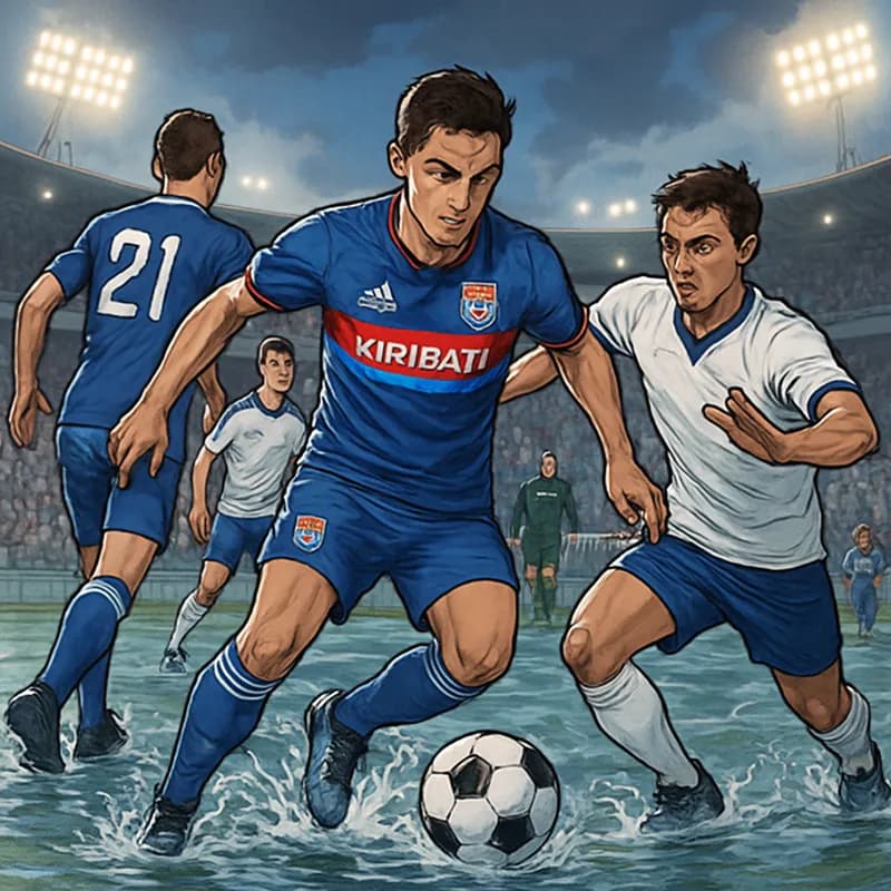 A vibrant scene depicting a football match at a flooded stadium in Kiribati, with players in blue and white kits, showcasing the passion for football amidst environmental challenges.
