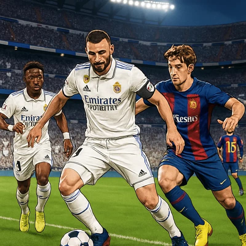 A vibrant scene at the Santiago Bernabéu Stadium during El Clasico, showcasing Real Madrid players in their white kits, fans waving flags, and a tense atmosphere as they await the match against Barcel