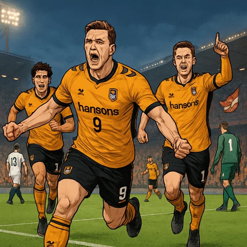A thrilling soccer scene at a packed stadium, with York City players in their amber and black kits celebrating a late goal. The atmosphere is electric, with fans cheering and waving flags, capturing t