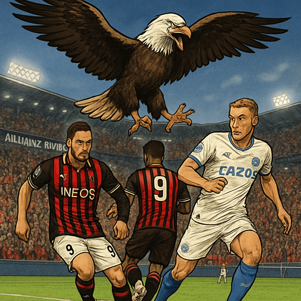 A lively scene at the Allianz Riviera during a match, where the OGC Nice eagle mascot Mefi is soaring above the green pitch, with fans in red and black jerseys cheering in the stands, capturing the vi