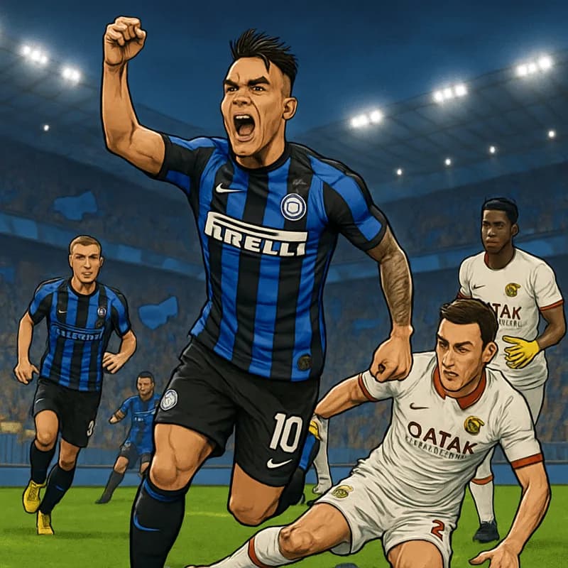 A vibrant scene at the Stadio Giuseppe Meazza, with Lautaro Martinez in Inter Milan's blue and black striped jersey celebrating a goal. The stands are filled with passionate fans waving flags, and a g