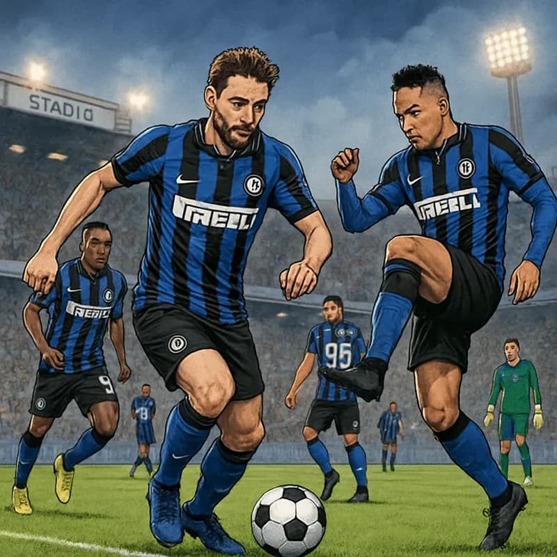 A vibrant scene at the Stadio Sinigaglia with Inter Milan players warming up in their blue and black striped jerseys. The atmosphere is electric, with fans cheering in the stands and a green pitch rea