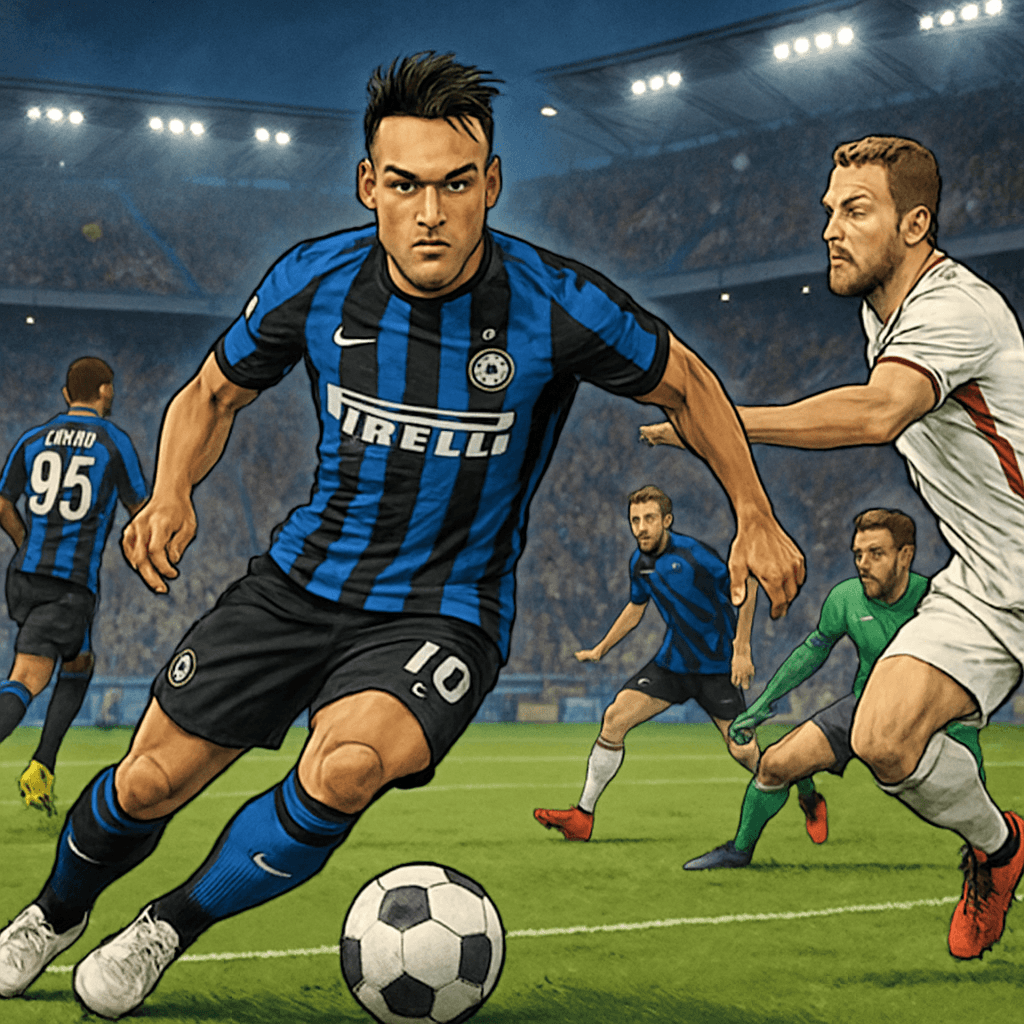 A vibrant scene at San Siro during an Inter Milan match, featuring Lautaro Martinez in the team's blue and black striped kit, scoring a goal as fans cheer in the stands, creating an electrifying atmos