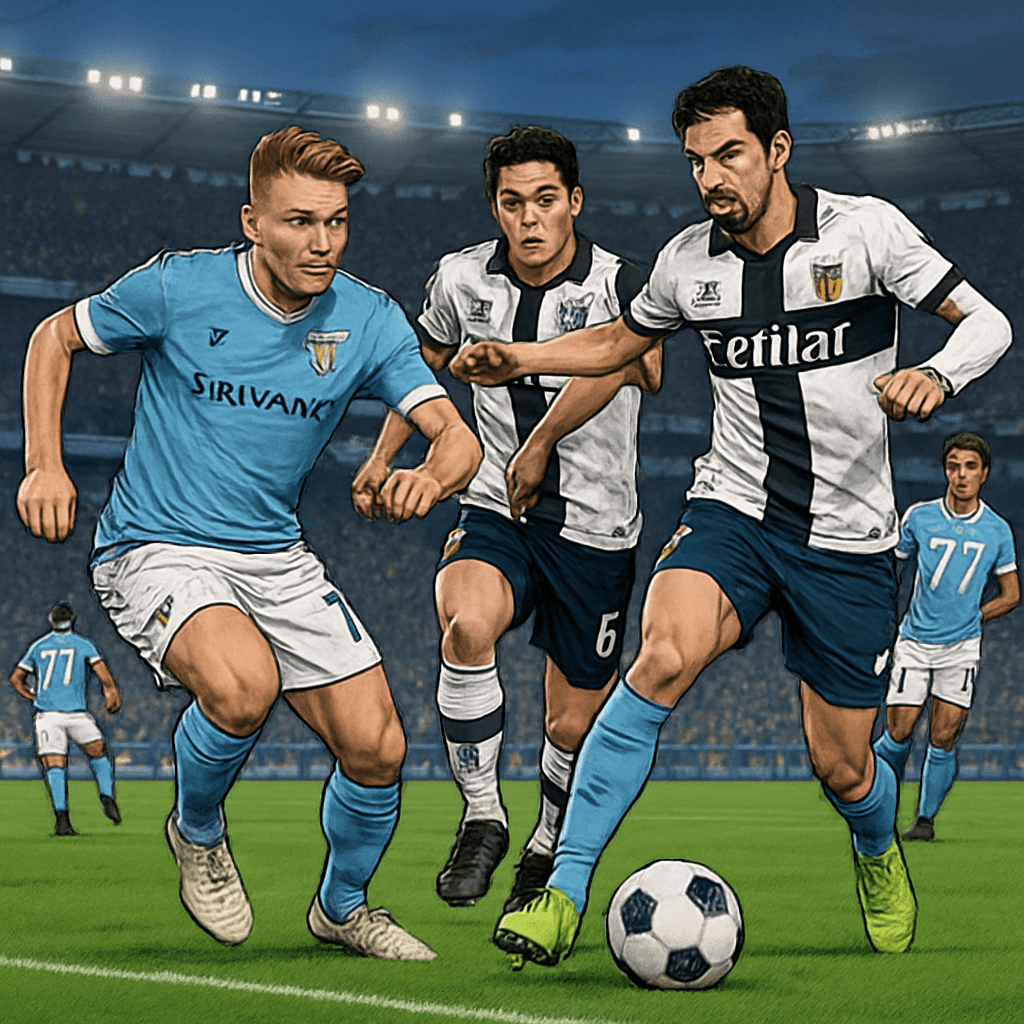 A tense moment during the Lazio vs. Parma match at Stadio Olimpico, with Lazio players in their sky blue kits battling against Parma in their white and blue uniforms. The stadium is packed with fans, 