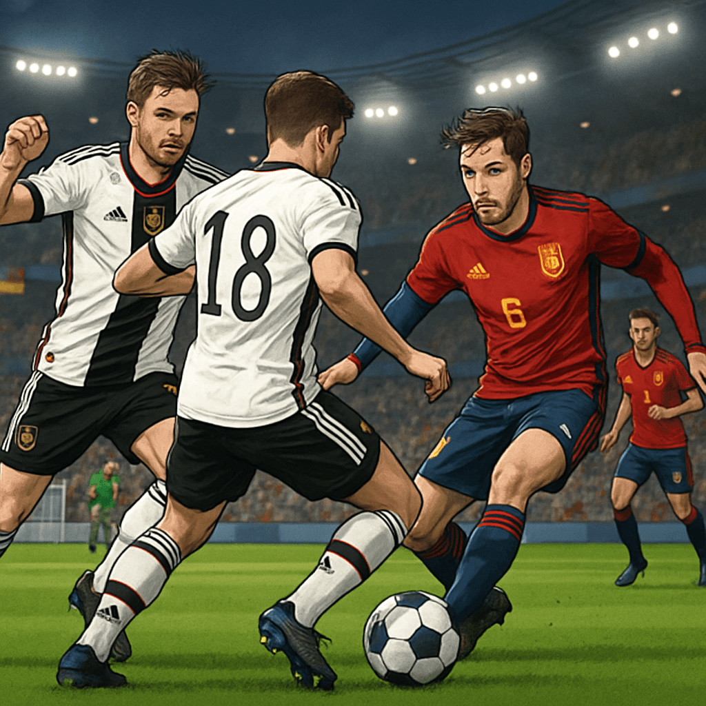 A vibrant soccer scene featuring players in Germany's predominantly white 2026 World Cup kit with black and red accents, and Spain's deep red kit with navy sleeves. The stadium is filled with enthusia