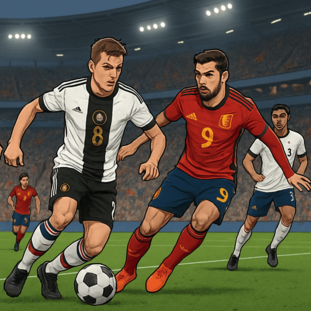 A vibrant stadium atmosphere featuring fans in Germany's white kit with black and red accents, Spain's deep red jersey with navy sleeves, and England's yet-to-be-revealed designs, all celebrating the 