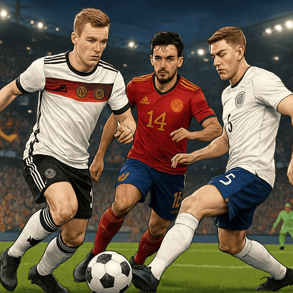A vibrant stadium filled with passionate fans, showcasing Germany's white kit with black and red accents, Spain's deep red and navy kit, and England's classic white and navy colors. The atmosphere is 