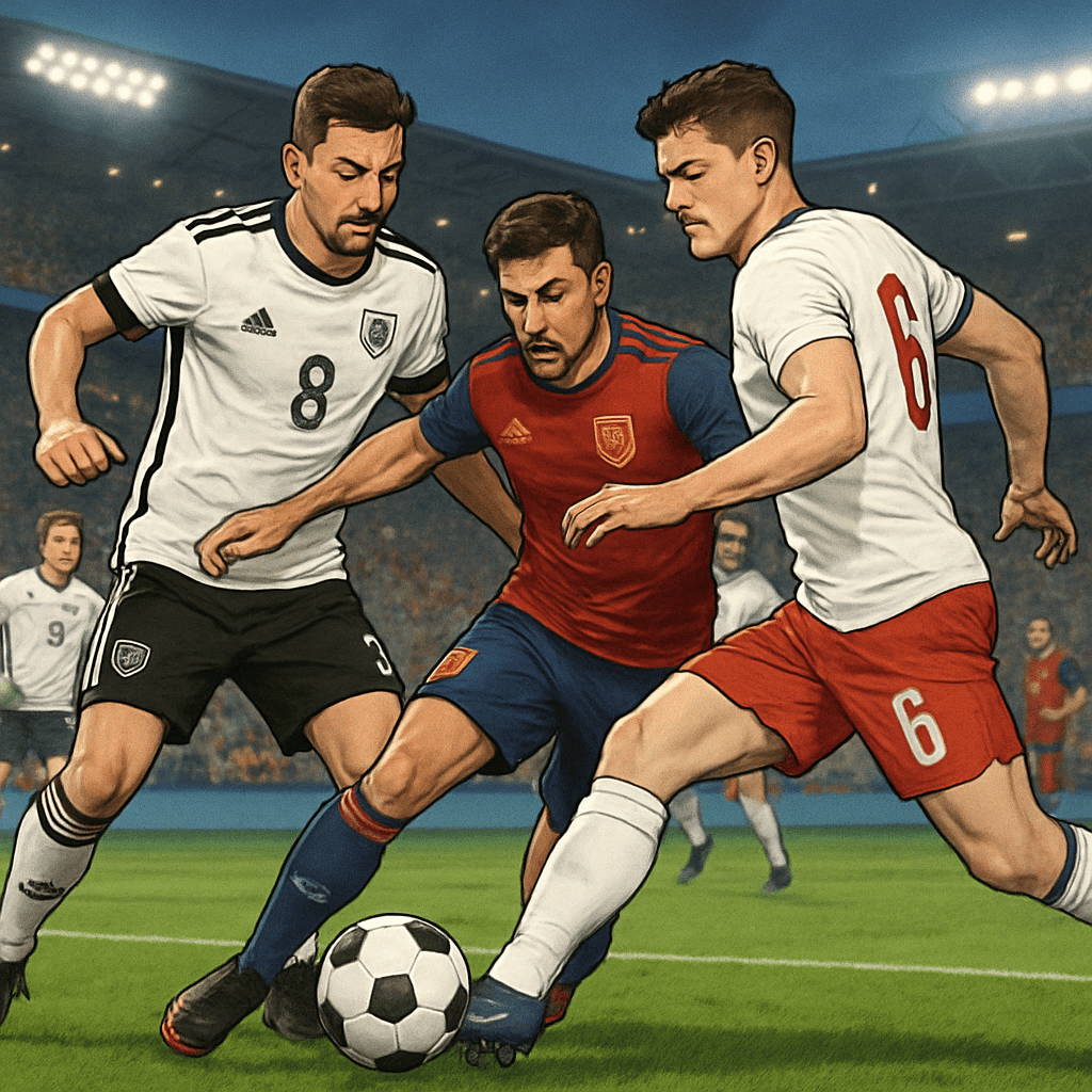 A vibrant soccer scene featuring players in Germany's white kit with black stripes and red-and-black accents, Spain's deep red jersey with navy sleeves, and England's classic white and bold red kits, 
