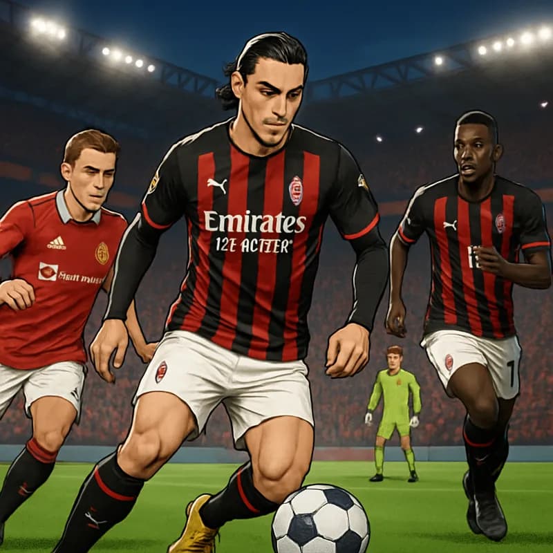 A vibrant scene at San Siro with AC Milan fans in red and black jerseys cheering passionately. The pitch is lush green, and players are warming up, showcasing their skills with a soccer ball. The stad