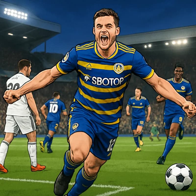 A vibrant scene at Elland Road with Leeds United in their blue and yellow striped kits celebrating a late goal. The stadium is packed with fans creating a lively atmosphere, while the green pitch refl