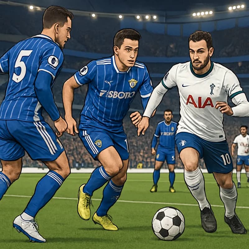 A tense moment in a Premier League match at the Tottenham Hotspur Stadium, featuring Leeds United in their blue and white striped kits and Tottenham in their white home jerseys. The atmosphere is elec