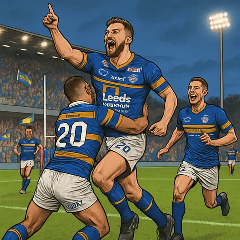 A vibrant scene at Headingley stadium during a Super League match, with Leeds Rhinos players in their blue and amber kits celebrating a try. The crowd is electric, waving scarves and flags, while the 