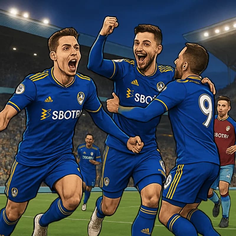 A vibrant scene at Elland Road, with Leeds United players in their blue and yellow kits celebrating a goal against Burnley, who are in their claret and blue jerseys. The stadium is filled with cheerin