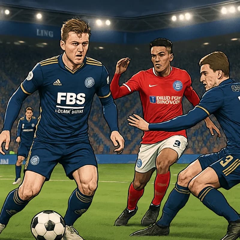 A tense scene at King Power Stadium, with Leicester City players in their navy blue and gold kits, focused on the pitch as they prepare for a crucial match against Portsmouth. The crowd is buzzing wit