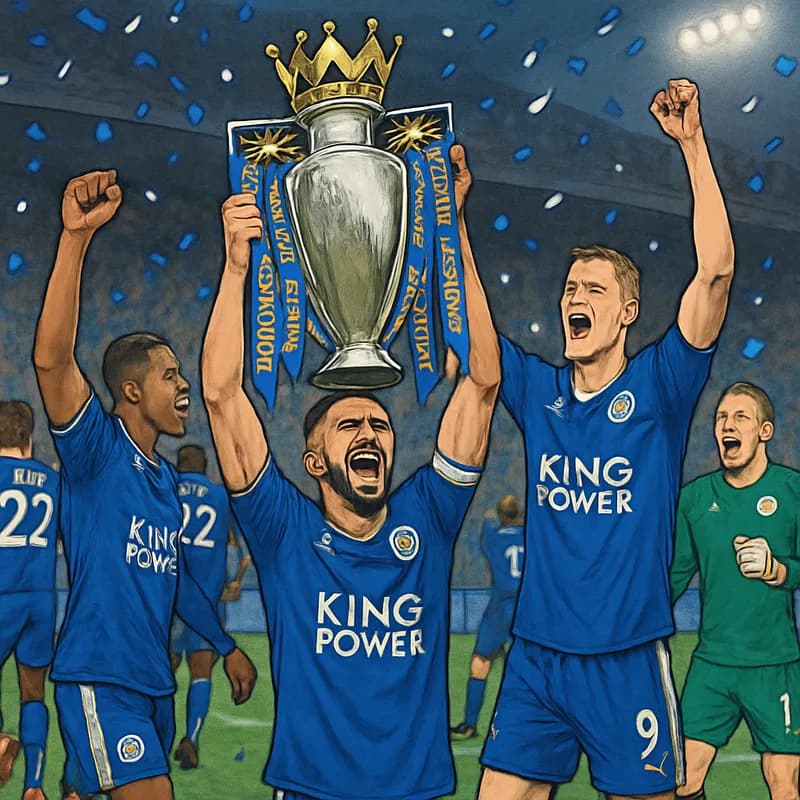 A vibrant scene of Leicester City celebrating their 2016 Premier League victory, with players in their blue home kits, lifting the trophy in a packed stadium filled with cheering fans, confetti flying