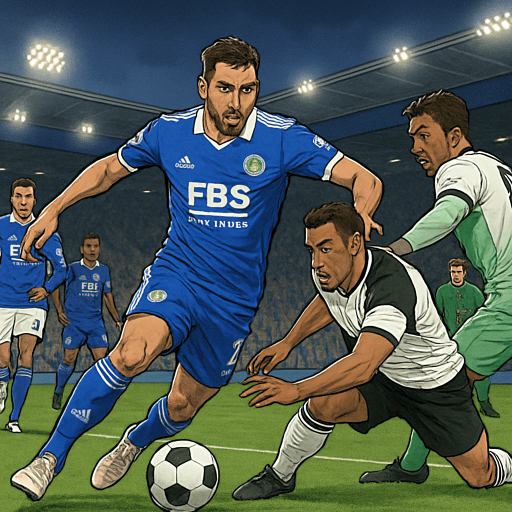 A tense match scene at the King Power Stadium with Leicester City players in their blue home kits, battling against a rival team. The crowd is on their feet, creating an electric atmosphere as the pla