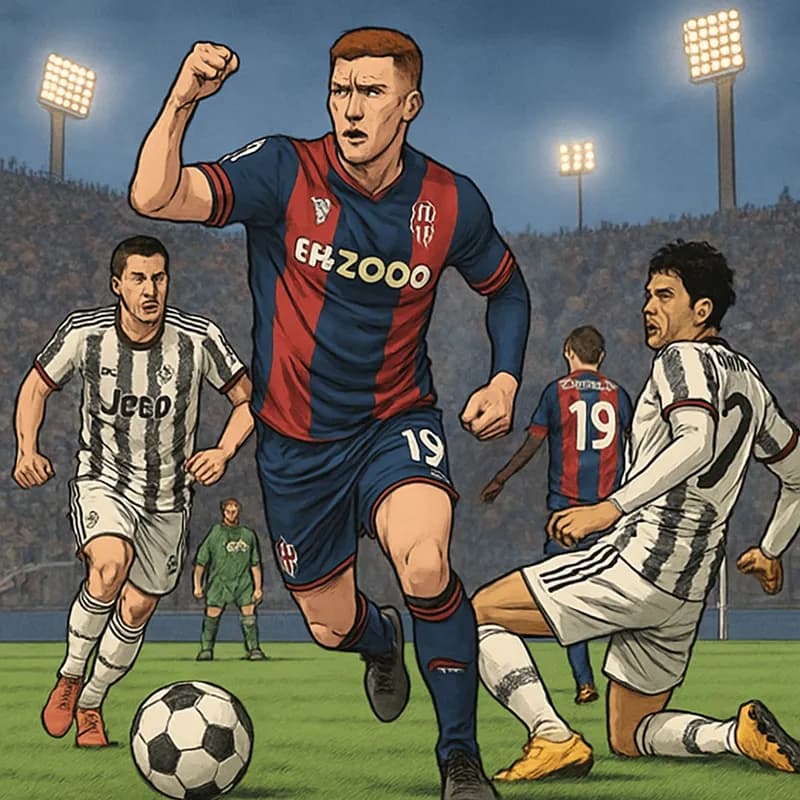 A vibrant scene at Stadio Dall’Ara, with Lewis Ferguson in Bologna's red and blue kit, passionately leading his team during a match. The stadium is filled with enthusiastic fans, creating an electrify