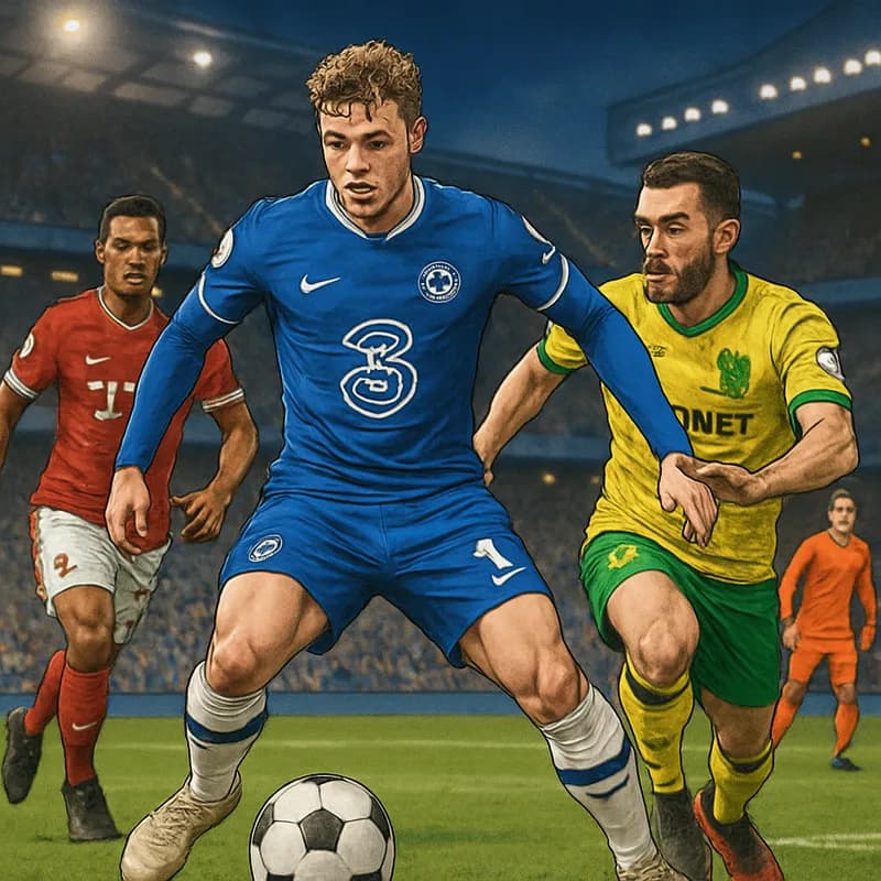 A tense moment on the pitch at Stamford Bridge, with Liam Delap in Chelsea's blue kit, surrounded by defenders in contrasting colors. The stadium is buzzing with fans, showcasing a vibrant atmosphere 