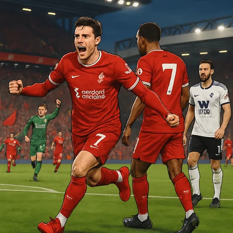 A vibrant scene at Anfield during the Liverpool vs. Fulham match, with Liverpool players in their iconic red kits celebrating a goal. The stadium is packed with fans, showcasing a sea of red and a liv