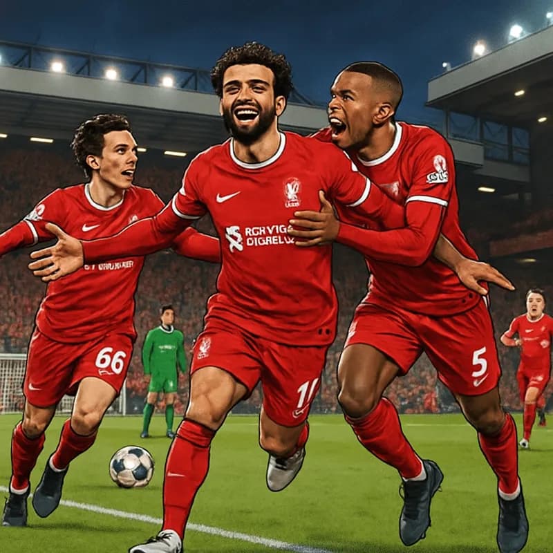 A vibrant scene at Anfield with Liverpool players in their iconic red kits celebrating a goal. The stadium is packed with passionate fans, waving scarves and banners, with the green pitch and goalpost