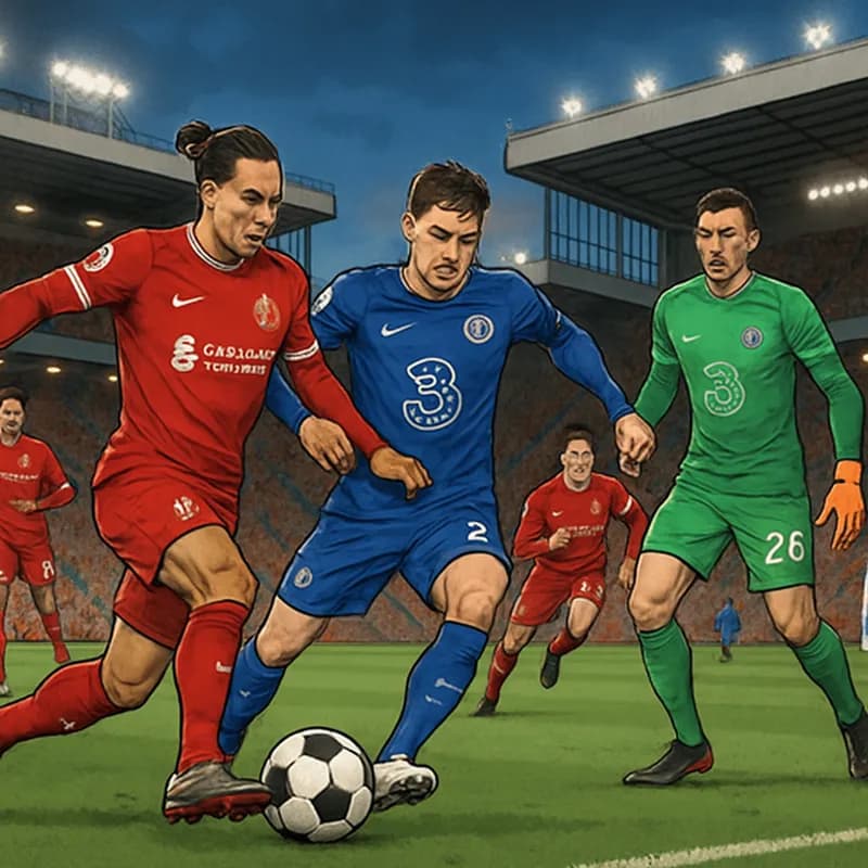 A vibrant scene at Anfield with Liverpool players in their red home kit and Chelsea in blue, showcasing an electric atmosphere with fans cheering and a green pitch.