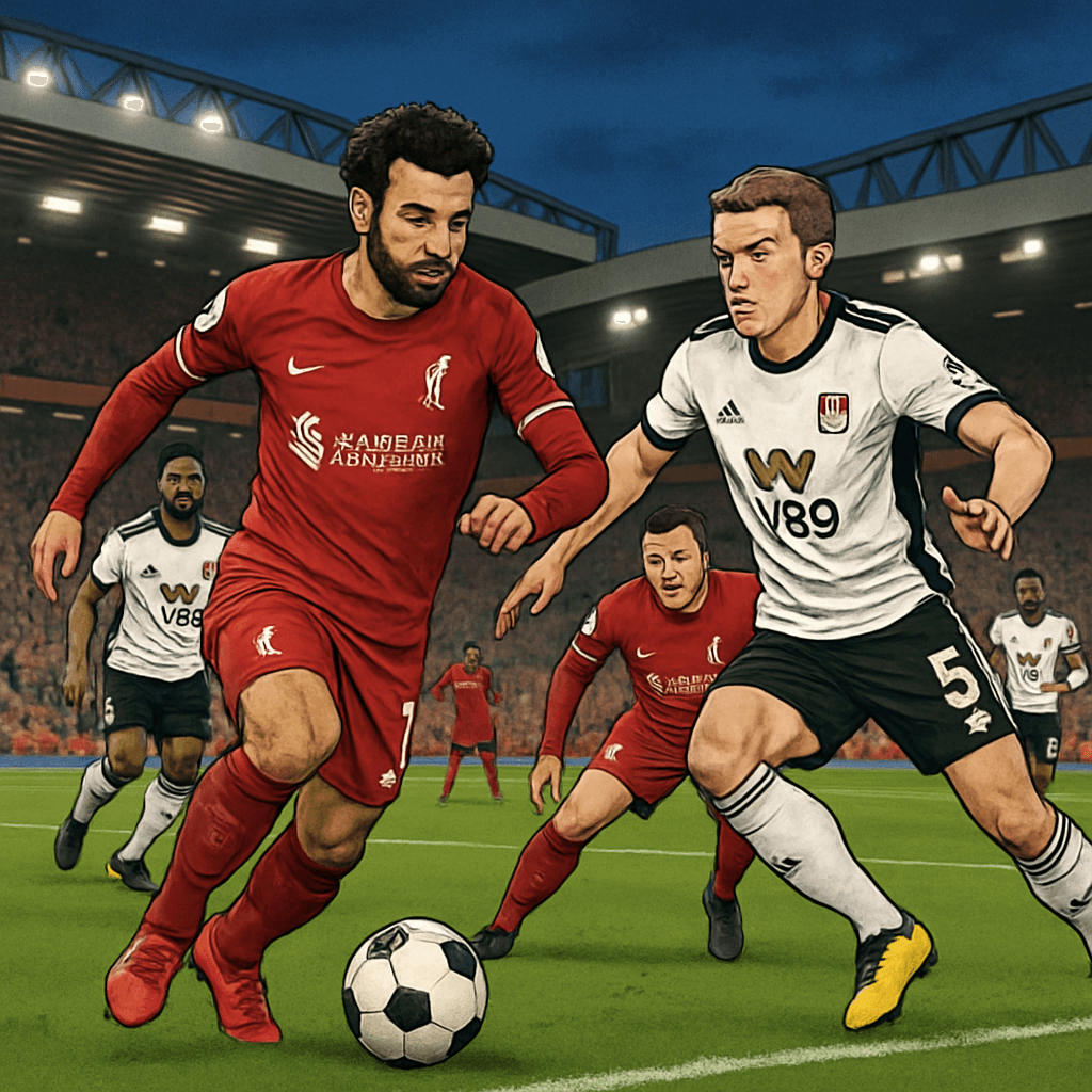 A vibrant scene at Anfield during a match between Liverpool and Fulham. The Liverpool players are in their iconic red kits, while Fulham dons their traditional white and black jerseys. The stadium is 
