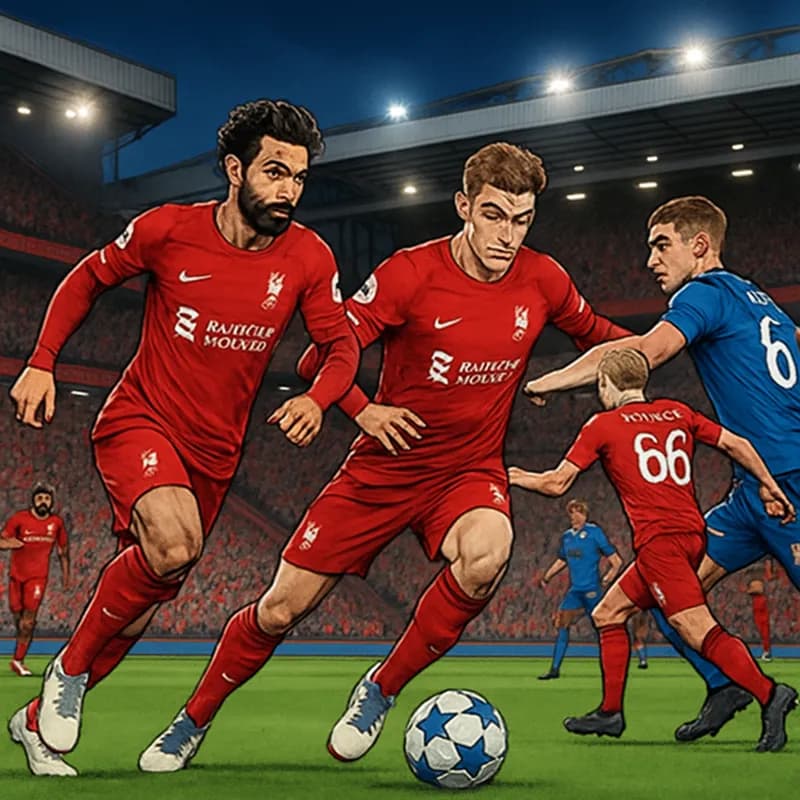 A vibrant scene at Anfield during a Champions League night, with Liverpool players in their red kits, fans waving scarves, and a packed stadium atmosphere. The green pitch is illuminated under the flo