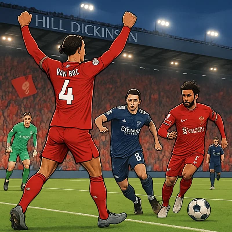 A vibrant scene at Hill Dickinson Stadium, filled with Liverpool fans in red jerseys celebrating Virgil van Dijk's last-minute goal. The green pitch is lively, with players in action and a backdrop of