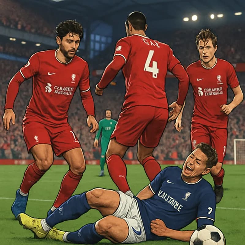 A tense moment during a Liverpool match at Anfield, with players in their red kits, the crowd on edge, and Ekitike lying on the pitch, visibly in pain after an injury.