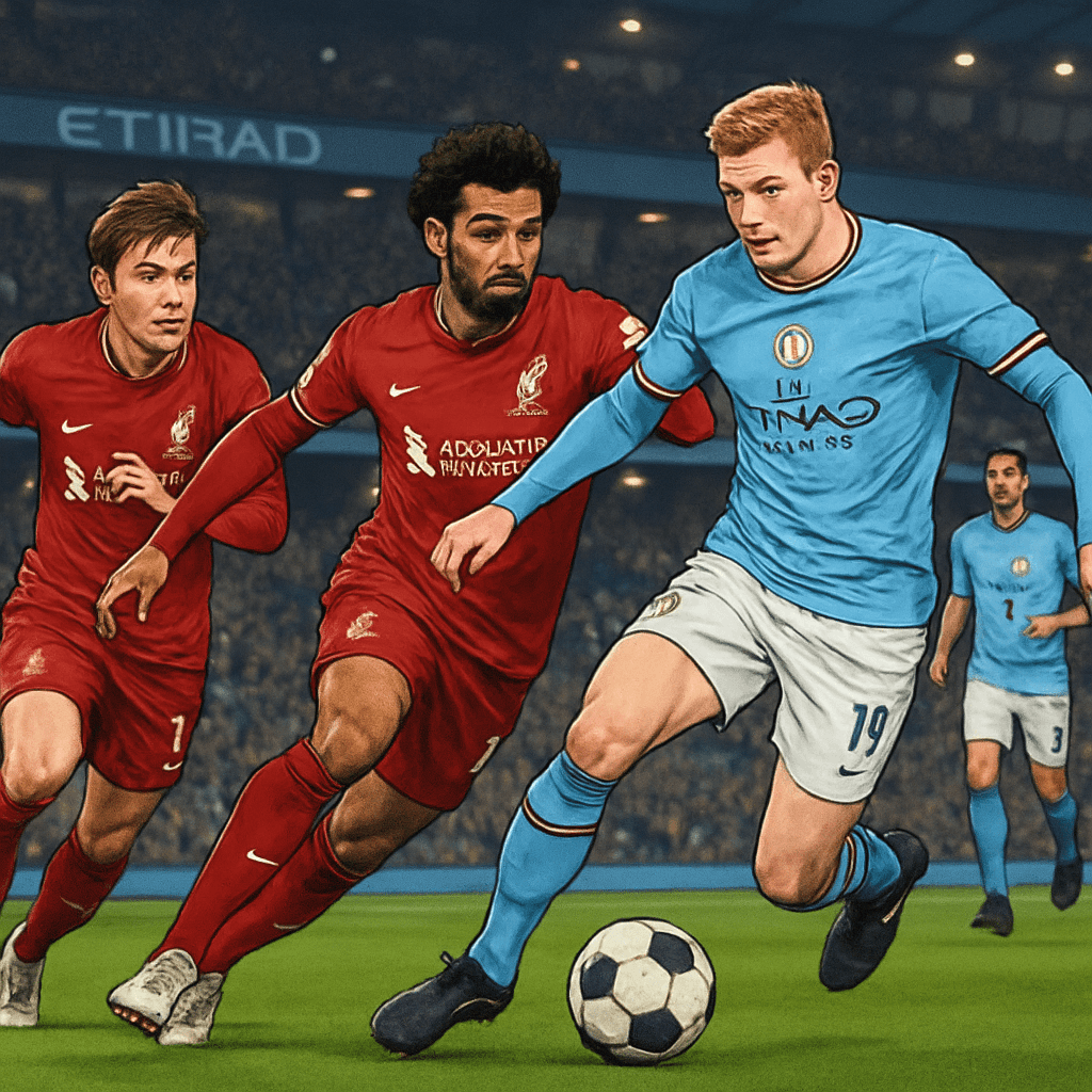 A tense moment during a match at Etihad Stadium, with Liverpool players in their traditional red kits facing off against Manchester City in sky blue. The atmosphere is electric, with fans cheering and
