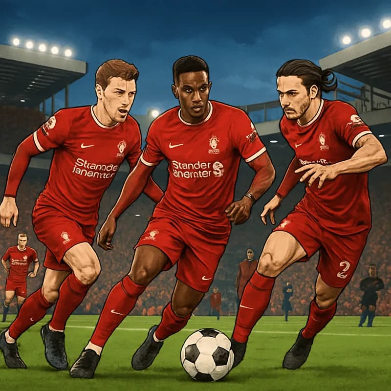A vibrant Anfield atmosphere during a match, with Liverpool players in their iconic red kits, engaging in a dynamic high-pressing drill. The green pitch is lively, with fans cheering in the stands.