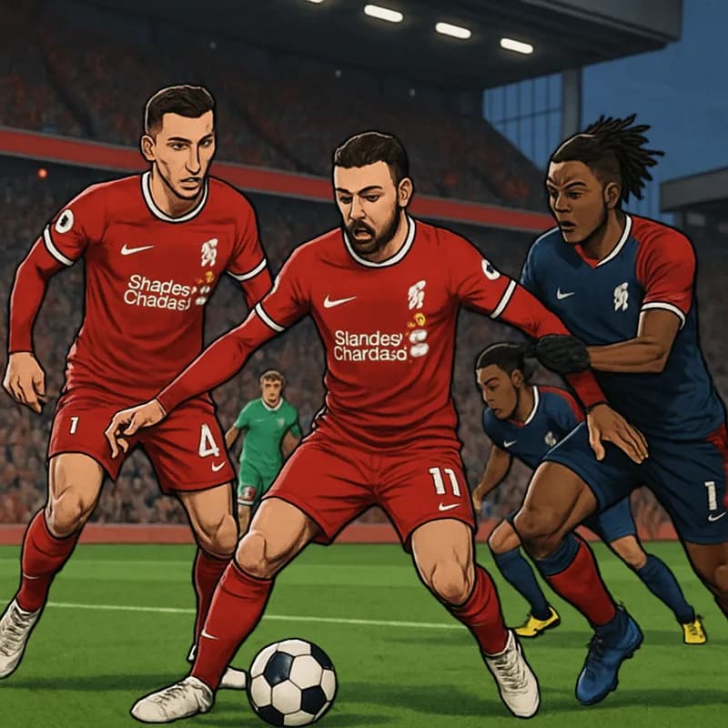 A vibrant scene at Anfield with Liverpool players in their red home kits, showcasing high energy and intensity during a match. The crowd is animated, cheering on their team as they press forward on a 