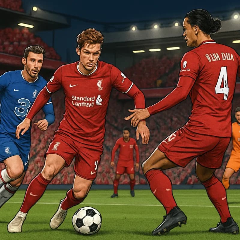 A tense scene at Anfield during a Liverpool match, with fans in red jerseys showing frustration after a missed opportunity. The green pitch and vibrant stadium atmosphere highlight the pressure on the