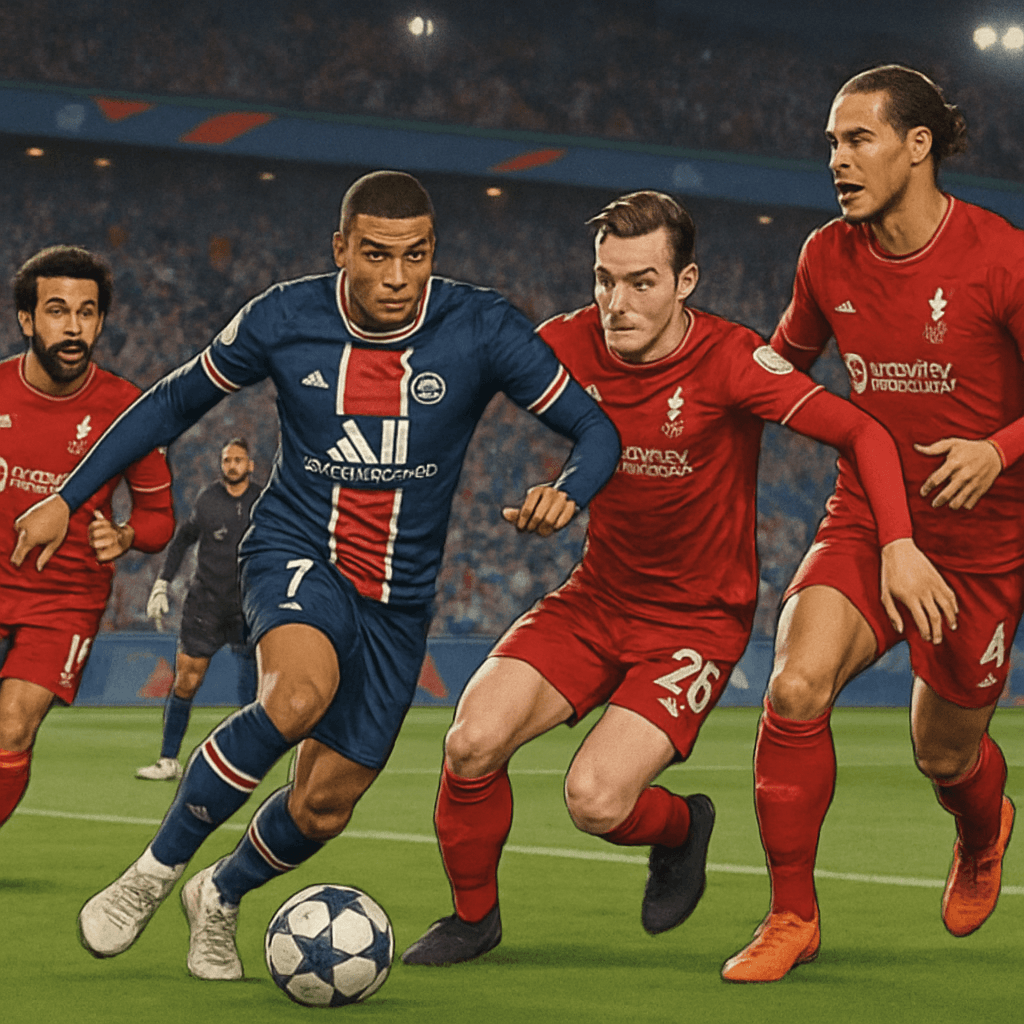A tense moment from the PSG vs. Liverpool match, showcasing Liverpool players in their red kit, with the Parc des Princes filled with PSG fans in blue and red. The atmosphere is electric, with fans ch