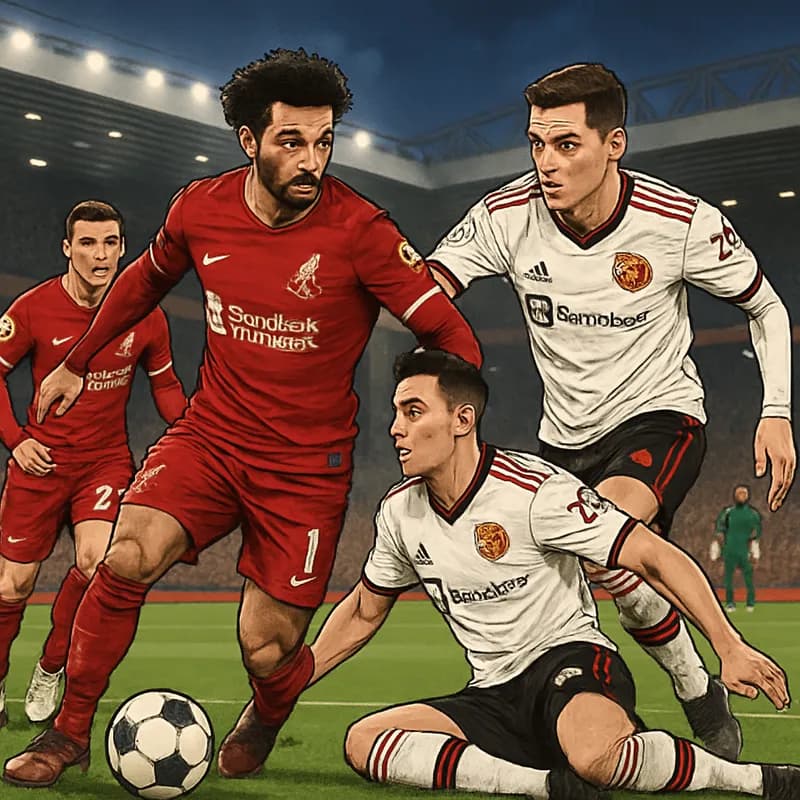 A tense moment during a Liverpool match at Anfield, with players in their red home kit battling against Manchester United in their classic red and white striped jerseys. The stadium is packed, with fa