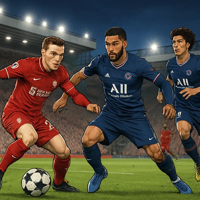 A tense moment during a Champions League match at Anfield, with Liverpool players in their red jerseys battling against PSG in their navy blue kit, surrounded by an electrifying stadium atmosphere.