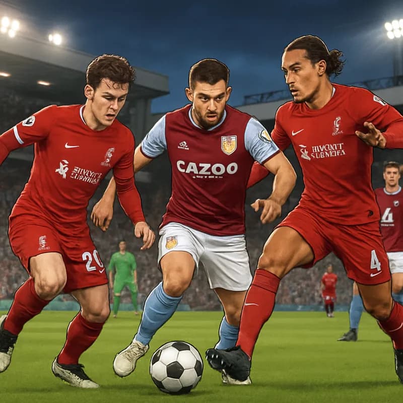 A vibrant stadium scene showing Liverpool in their red kits, facing off against Aston Villa in their claret and blue jerseys. The atmosphere is electric, with fans cheering passionately as players bat