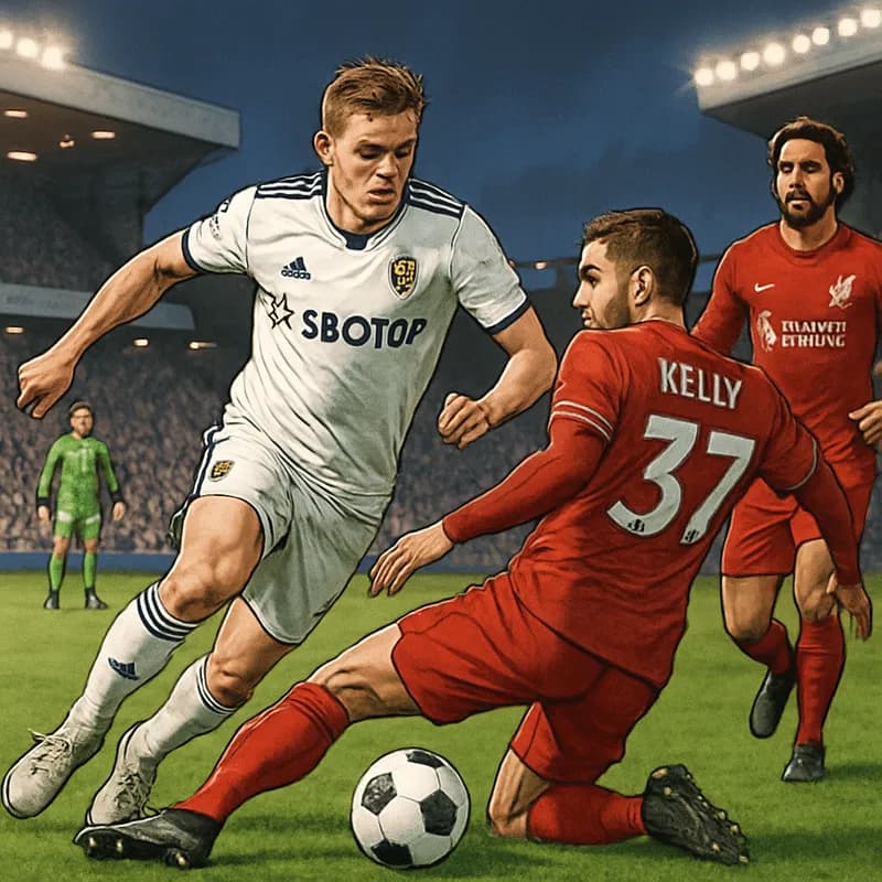 A vibrant scene at Elland Road, Leeds, with fans cheering in their white and blue kits. The pitch is lush and green, with a focus on a player in action, showcasing skill and determination. The atmosph