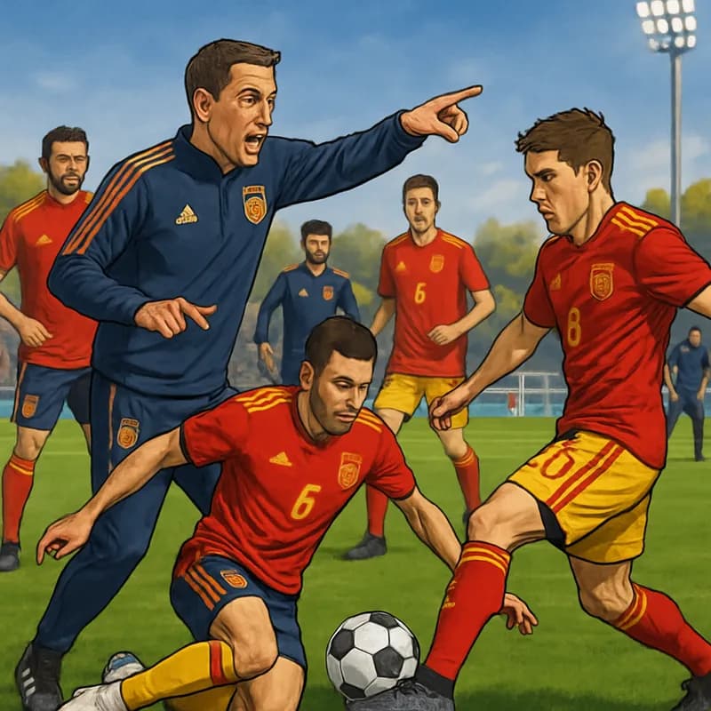 A vibrant scene depicting a training session at the Spanish national team's training ground in Las Rozas, featuring players in the red and yellow kit of Spain, with a coach demonstrating tactical dril