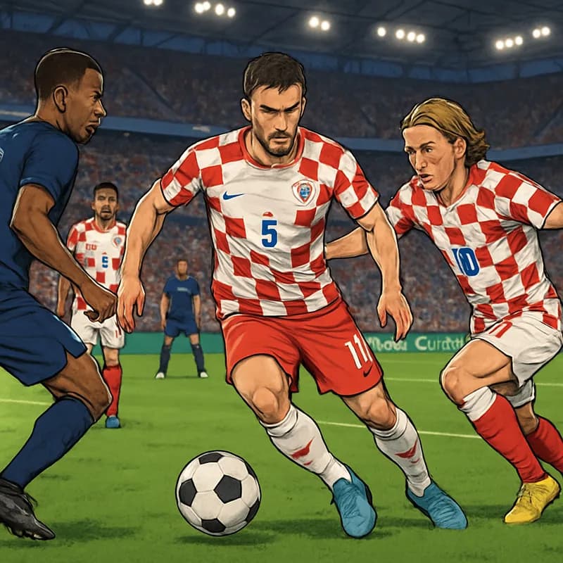 A vibrant stadium scene during a World Cup match featuring Croatia, with players in their iconic red and white checkered kits. The atmosphere is electric, with fans waving flags and cheering. The gree