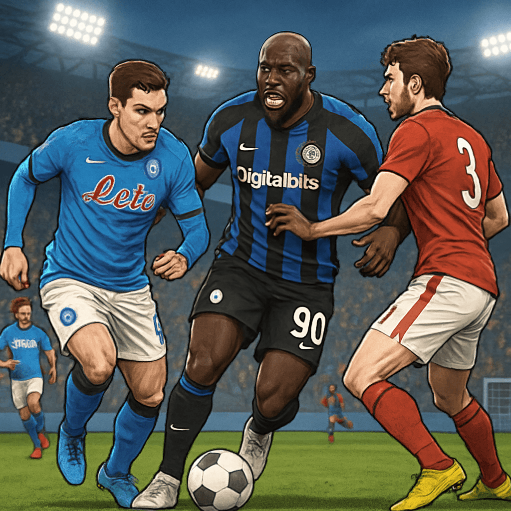 A tense scene at Napoli's training ground, with Romelu Lukaku in the club's blue jersey, looking frustrated while surrounded by medical staff. The atmosphere is charged, with a green pitch and goalpos