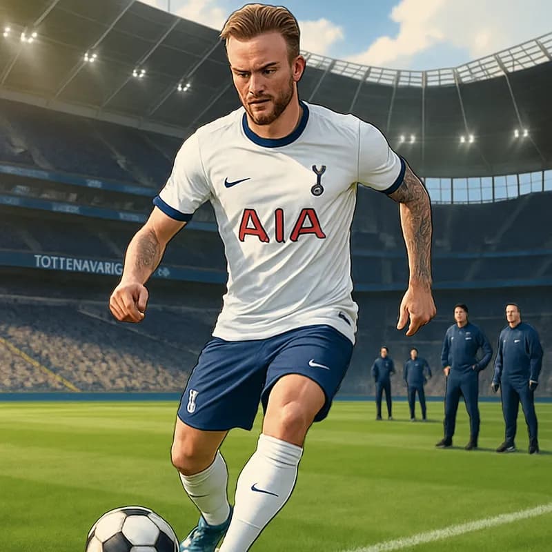 A football pitch at Tottenham Hotspur Stadium, with James Maddison in Tottenham's white and navy kit, doing a light training drill with a football at his feet. The stadium is empty, but the atmosphere