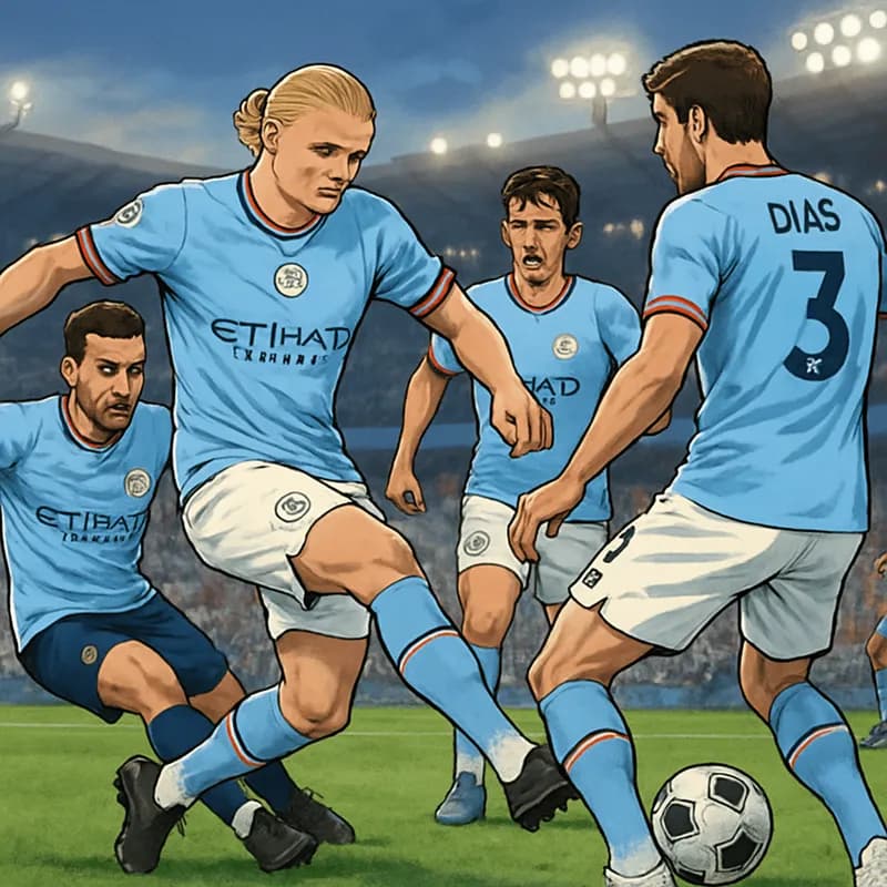 A bustling Manchester City training session at the Etihad Stadium, featuring players in their sky blue kits, with a focus on the intensity of the drills and the lush green pitch.