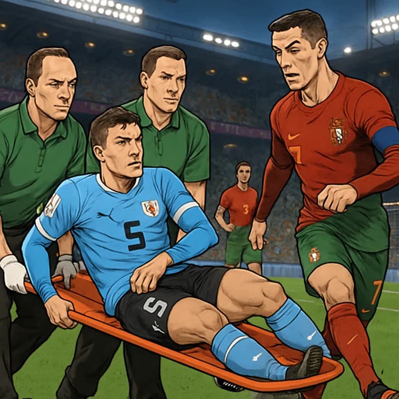 A tense moment in a stadium filled with fans as Manuel Ugarte, wearing the blue and white kit of Uruguay, is being stretchered off the pitch. The backdrop shows the vibrant atmosphere of a World Cup m