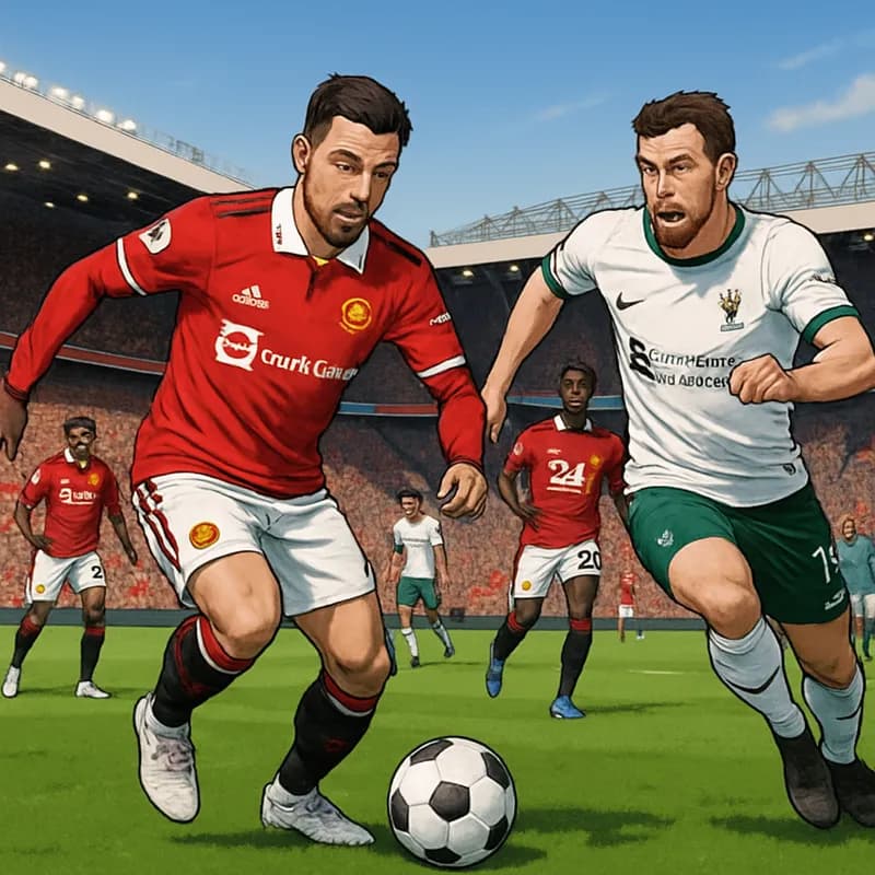 An electrifying scene at Old Trafford filled with passionate fans. The stands are adorned with Manchester United's red and white colors, while Liverpool supporters wave their iconic red flags. The pla