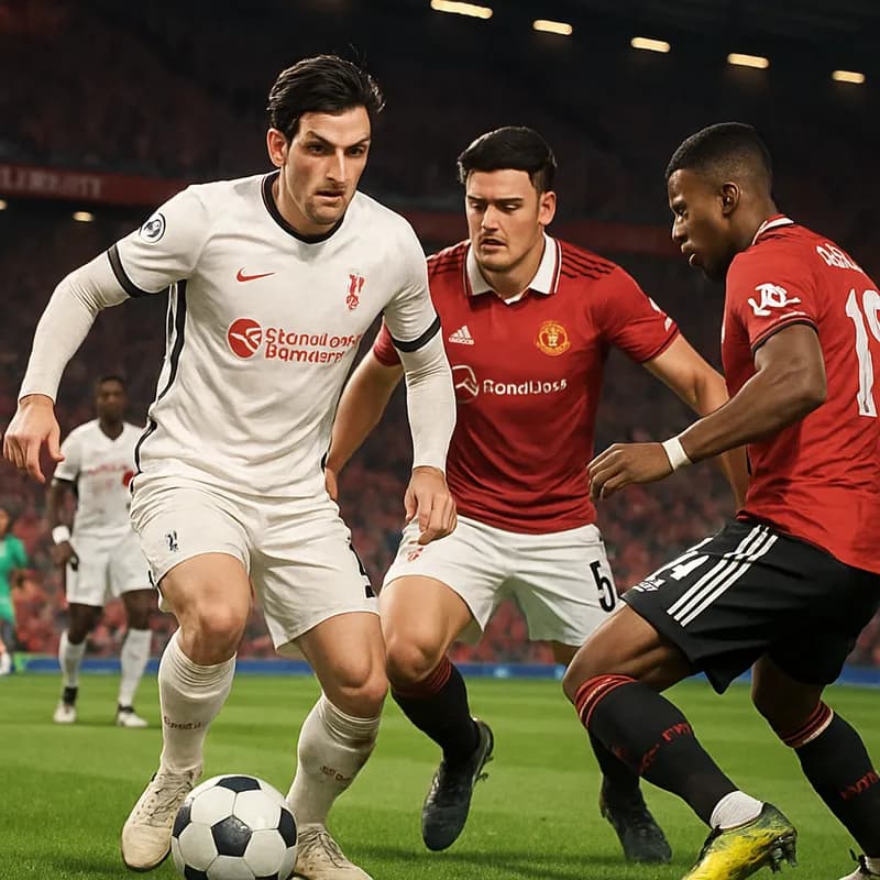 A tense scene at Old Trafford during a Manchester United match against Liverpool, with fans in red jerseys cheering passionately. The green pitch is vibrant under the stadium lights, with players in r