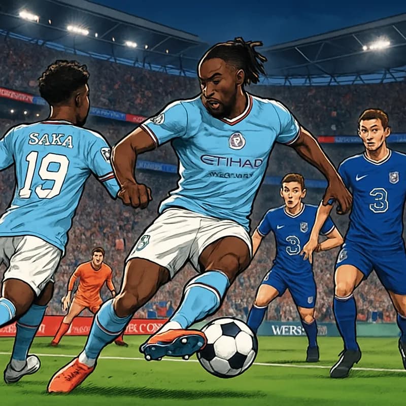 A vibrant scene at Wembley Stadium as Manchester City players celebrate Antoine Semenyo's stunning backheel goal against Chelsea. The players are in their sky blue kits, with the stadium filled with c